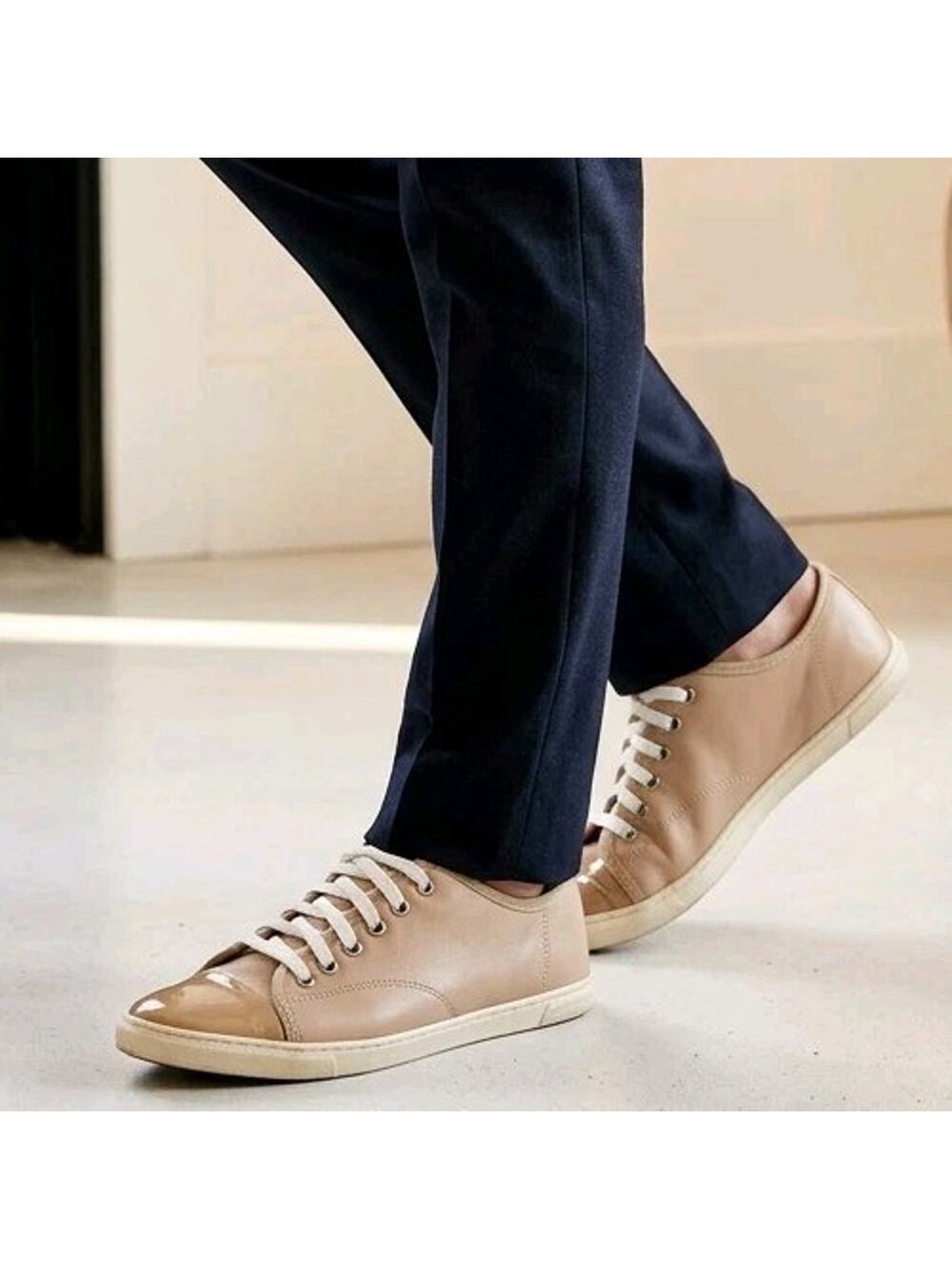 Men's Lanvin DBB1 Beige Patent Leather Toe Lace Up Sneakers Shoes Size 7 EU 40